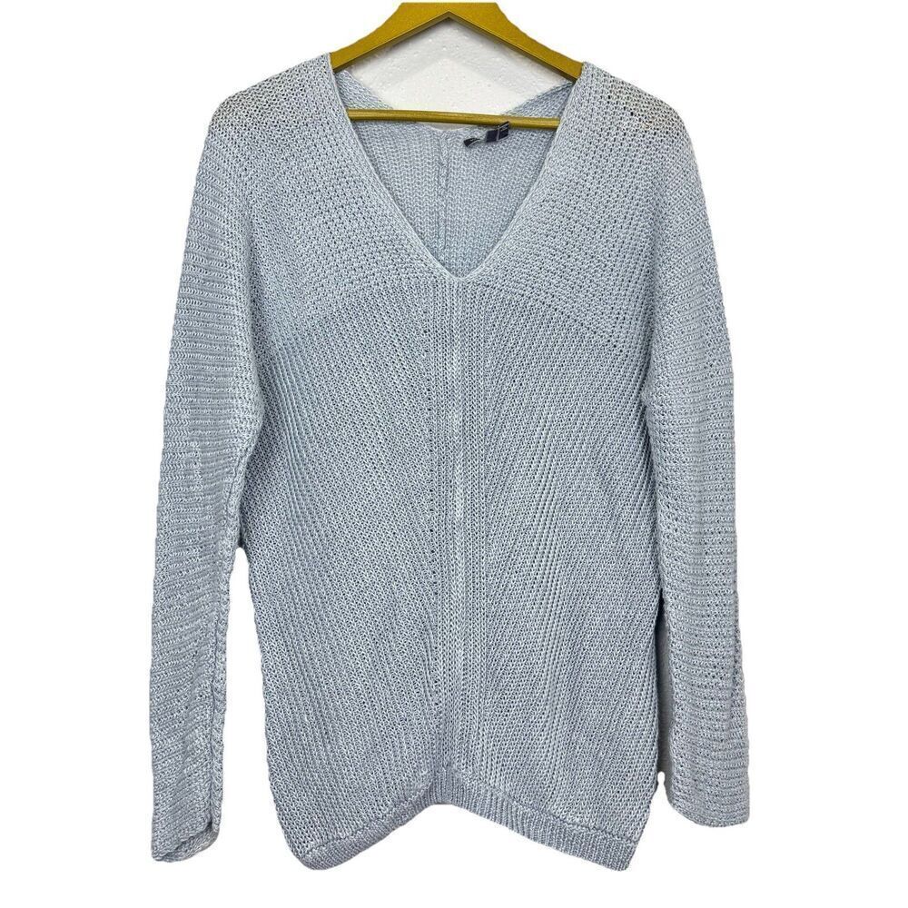 Vince Womens V Neck Open Knit Linen Sweater Size M Light Blue Old Money Beachy